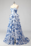 Azul Branco Flor A-Line Querida Tiered Long Prom Dress com Fenda