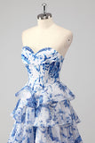 Azul Branco Flor A-Line Querida Tiered Long Prom Dress com Fenda