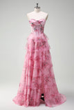 Floral A Line Strapless Corset Tiered Blush Prom Dress com Fenda