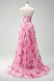 Floral A Line Strapless Corset Tiered Blush Prom Dress com Fenda