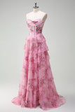 Blush Floral Uma Linha Strapless Corset Tiered Prom Dress