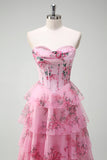 Blush Floral Uma Linha Strapless Corset Tiered Prom Dress