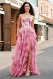 Floral A Line Strapless Corset Tiered Blush Prom Dress com Fenda