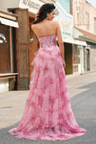 Floral A Line Strapless Corset Tiered Blush Prom Dress com Fenda