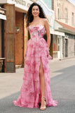 Floral A Line Strapless Corset Tiered Blush Prom Dress com Fenda