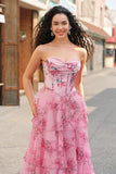 Floral A Line Strapless Corset Tiered Blush Prom Dress com Fenda