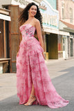 Floral A Line Strapless Corset Tiered Blush Prom Dress com Fenda