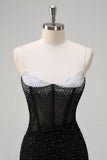 Brilhante Preto Sereia Esparguete Correias Corset Frisado Longo Vestido de Baile com Fenda