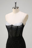 Brilhante Preto Sereia Esparguete Correias Corset Frisado Longo Vestido de Baile com Fenda