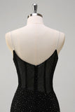 Brilhante Preto Sereia Esparguete Correias Corset Frisado Longo Vestido de Baile com Fenda