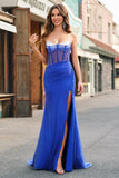 Royal Blue Corset Sereia Fenda Longo Vestido de Baile com Missangas