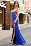 Royal Blue Corset Sereia Fenda Longo Vestido de Baile com Missangas