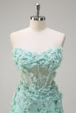 Sereia Verde Strapless Sheer Corset babado longo vestido de baile com flores 3D