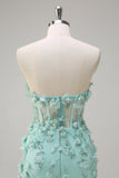 Sereia Verde Strapless Sheer Corset babado longo vestido de baile com flores 3D