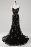 Preto Sereia Esparguete Correias Appliqued Long Prom Dress With Sequins