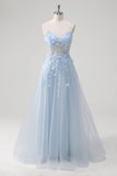 Azul A Line Espaghetti Straps Appliqued Corset Long Prom Dress With Tulle