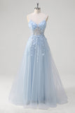 A Linha Tule Esparguete Correias Corset Applique Blue Prom Dress com Fenda