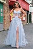 A Linha Tule Esparguete Correias Corset Applique Blue Prom Dress com Fenda