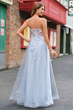 A Linha Tule Esparguete Correias Corset Applique Blue Prom Dress com Fenda