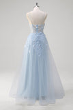 A Linha Tule Esparguete Correias Corset Applique Blue Prom Dress com Fenda