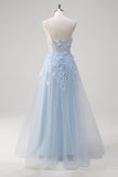 Azul A Line Espaghetti Straps Appliqued Corset Long Prom Dress With Tulle