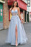 A Linha Tule Esparguete Correias Corset Applique Blue Prom Dress com Fenda