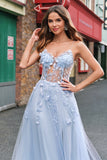 A Linha Tule Esparguete Correias Corset Applique Blue Prom Dress com Fenda