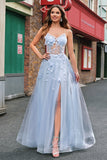 A Linha Tule Esparguete Correias Corset Applique Blue Prom Dress com Fenda