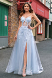 A Linha Tule Esparguete Correias Corset Applique Blue Prom Dress com Fenda