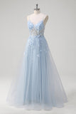 Azul A Line Espaghetti Straps Appliqued Corset Long Prom Dress With Tulle