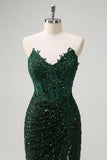 Brilhante Sereia Querida Verde Escuro Corset Sequins Vestido de Baile de Formatura de Renda com Fenda