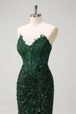 Brilhante Sereia Querida Verde Escuro Corset Sequins Vestido de Baile de Formatura de Renda com Fenda