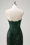 Brilhante Sereia Querida Verde Escuro Corset Sequins Vestido de Baile de Formatura de Renda com Fenda