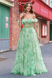 Floral A Line Off The Shoulder Corset Long Green Prom Dress