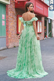 Floral A Line Off The Shoulder Corset Long Green Prom Dress