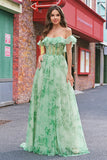 Floral A Line Off The Shoulder Corset Long Green Prom Dress