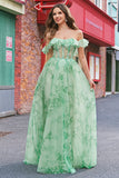 Floral A Line Off The Shoulder Corset Long Green Prom Dress