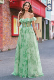 Floral A Line Off The Shoulder Corset Long Green Prom Dress