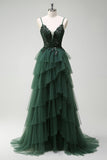 Brilhante verde escuro A-Line Corset Ruffles Appliqued Long Prom Dress com fenda