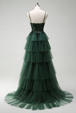 Brilhante verde escuro A-Line Corset Ruffles Appliqued Long Prom Dress com fenda