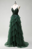 Brilhante verde escuro A-Line Corset Ruffles Appliqued Long Prom Dress com fenda