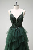 Brilhante verde escuro A-Line Corset Ruffles Appliqued Long Prom Dress com fenda