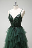 Brilhante verde escuro A-Line Corset Ruffles Appliqued Long Prom Dress com fenda