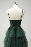 Brilhante verde escuro A-Line Corset Ruffles Appliqued Long Prom Dress com fenda