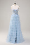 Esparguete Azul Claro Correias A-Line Tulle Tiered Long Corset Prom Dress com Fenda