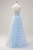 Esparguete Azul Claro Correias A-Line Tulle Tiered Long Corset Prom Dress com Fenda