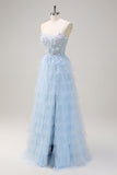 Esparguete Azul Claro Correias A-Line Tulle Tiered Long Corset Prom Dress com Fenda