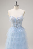 Esparguete Azul Claro Correias A-Line Tulle Tiered Long Corset Prom Dress com Fenda