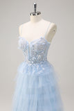 Esparguete Azul Claro Correias A-Line Tulle Tiered Long Corset Prom Dress com Fenda