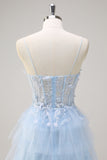 Esparguete Azul Claro Correias A-Line Tulle Tiered Long Corset Prom Dress com Fenda